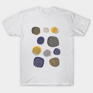 Abstract Pattern of Circles in Navy and Mustard T-Shirt